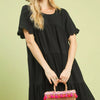 Umgee Linen Tiered Babydoll Dress with Ruffle Sleeves - BLACK