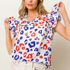 BiBi Leopard Notched Ruffled Cap Sleeve Blouse - OFFWHT/RED/NAVY
