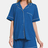 Zenana Button Down Short Sleeve Top and Shorts Lounge Set - Classic Blue