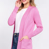 ACTIVE BASIC Ribbed Trim Open Front Cardigan - PINK