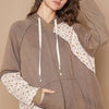 POL Floral Patchwork Distressed Drawstring Hoodie - Mocha