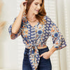 Tie Hem V-Neck Three-Quarter Sleeve Blouse - Dark Blue