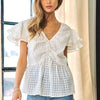 Davi & Dani Shirring V-Neck Ruffle Gingham Plaid Printed Top - White
