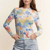Davi & Dani Multi Printed Mesh Round Neck Long Sleeve Top - COBALT MULTI