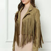 Veveret Suede Fringe Long Sleeve Moto Jacket - OLIVE