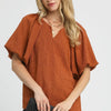 Umgee Textured Flutter Sleeve Notch Neck Top - Rust