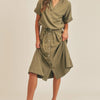 MABLE Short Sleeve Top and Button Down Midi Skirt Set - Olive