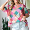 HOPELY Full Size Multi Colored Argyle Side Slit T-Shirt - Multi Color