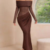 Off-Shoulder Long Sleeve Ruched Bodycon Maxi Dress - Dark Brown