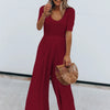 Scoop Neck Short Sleeve Jumpsuit - Burgundy