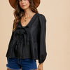 Annie Wear Tie Front Peplum Long Sleeve Denim Top - Black