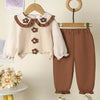 Children's Floral Applique Ruffle Trim Top and Pants Set - Tan