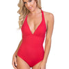 SOLID V FORNT ONE PIECE SWIMSUIT WITH BRAIDED BACK DETAILS - Red