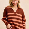 BiBi Striped Sweater Top with Collar Stitched Details - BRICK/TERRACOTTA