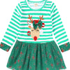 Children's Christmas Reindeer Applique Striped Long Sleeve Dress - Turquoise