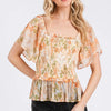 Mittoshop Floral Chiffon Smocked Square Neck Peplum Top - ORANGE MULTI