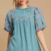 Umgee Full Size Embroidered Puff Sleeve Mock Neck Top Plus Size - Teal