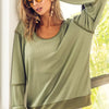 BiBi Waffle Knit Contrast Trim Long Sleeve T-Shirt - OLIVE