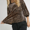 Umgee Leopard Round Neck Three-Quarter Sleeve Blouse - Brown