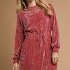 Umgee Velour Drawstring Mini Dress with Long Sleeves - BURGUNDY