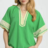 Umgee Contrast Trim Notched Puff Sleeve Blouse - Green