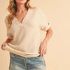 Aemi + Co Side Slit V-Neck Short Sleeve Blouse - Oatmeal
