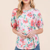 BOMBOM Floral Round Neck Puff Sleeve Top - Pink Mix