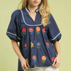 Umgee Embroidered Floral Puff Sleeve Top - NAVY