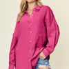Double Take Full Size Pocketed Texture Button Up Shirt - Hot Pink
