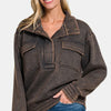 Zenana Acid Washed Half Snap Fleece Sweatshirt - Ash Black