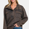 Zenana Acid Washed Half Snap Fleece Sweatshirt - Ash Black