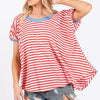 Ces Femme Striped Round Neck Short Sleeve T-Shirt - Red