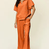 Double Take Full Size Texture Half Zip Short Sleeve Top and Pants Set - Tangerine