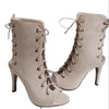 Peep Toe Lace-Up High Heel Boots - Beige