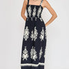 Umgee Full Size Smocked Printed Wide Leg Jumpsuit Plus Size - Dark Navy