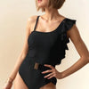 Davi & Dani Solid One Shoulder Ruffle One Piece Swimsuit - BLACK