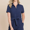 Lime 'N' Chili Collared Button Down Romper with Tie Belt - NAVY