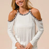 BiBi Jersey Knit Cold Shoulder Top with Leopard Neck - IVORY
