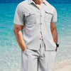 Men's Full Size Button Down Short Sleeve Top and Shorts Set Plus Size - Gray