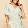 Lime 'N' Chili Ditsy Print V-Neck Short Sleeve Wrap Blouse - SAGE/GINGER
