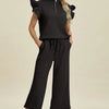 Double Take Full Size Texture Ruffle Short Sleeve Top and Wide Leg Pants Set - Black