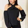 Perfee Grecian Cold Shoulder Long Sleeve Blouse - Black