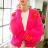 Davi & Dani Floral Applique Open Front Drop Shoulder Cardigan - Hot Pink
