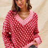SO ME Color Block Textured Christmas Sweater V Neck Top - RED/PINK