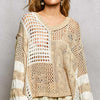 POL Color-Blocked Stripe Pattern Knit Top with Twisted Weave - BEIGE