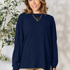 Full Size Ribbed Round Neck Slit Knit Top - Dark Blue
