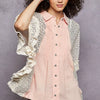 POL Button Down Front Pleated Shirt with Crochet Patch - BABY PINK