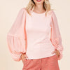 Mittoshop Mixed Media Textured Knit Chiffon Long Sleeve Top - PEACH