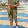 Men's Plus Size Button Up Shirt and Shorts Set - Military Green