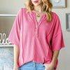 Heimish Full Size Ribbed Half Button Drop Shoulder Top - HOT PINK